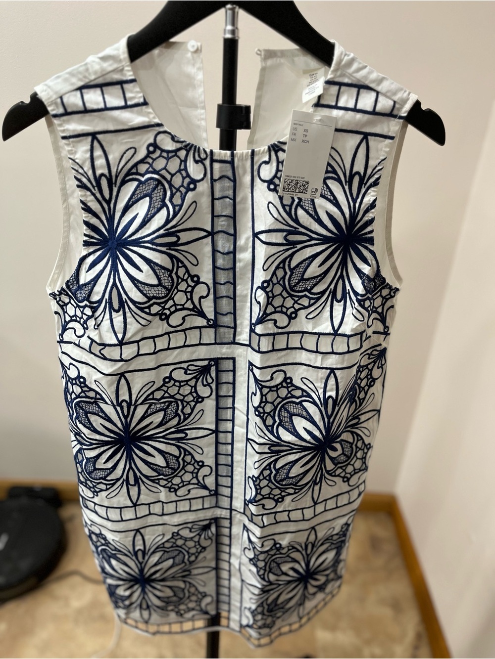 H&M White Dress with Navy Blue Embroidered Floral Detail